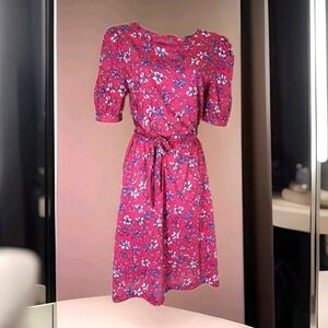 Amelia Popover Dress 10 Pink Floral Waist Defy Fit n Flare Belted Short Sleeves